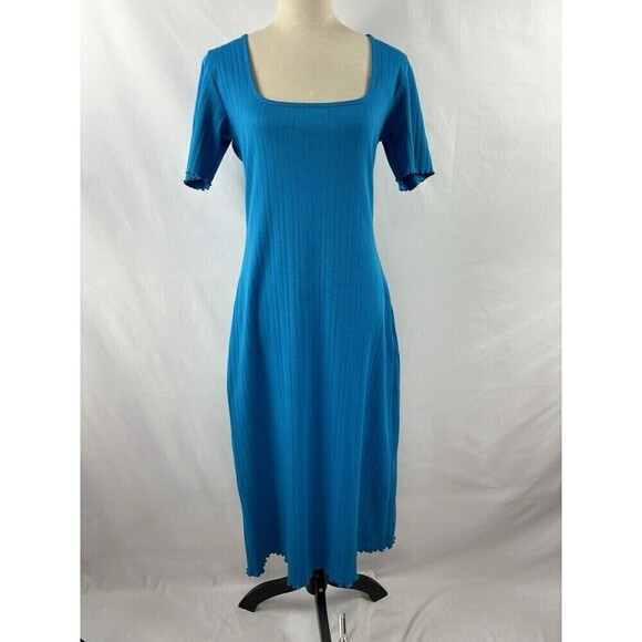 Wray Gwen Dress Aqua Blue Teal Large Short Sleeve Pima Cotton Ribbed Scoop Neck - Picture 1 of 10